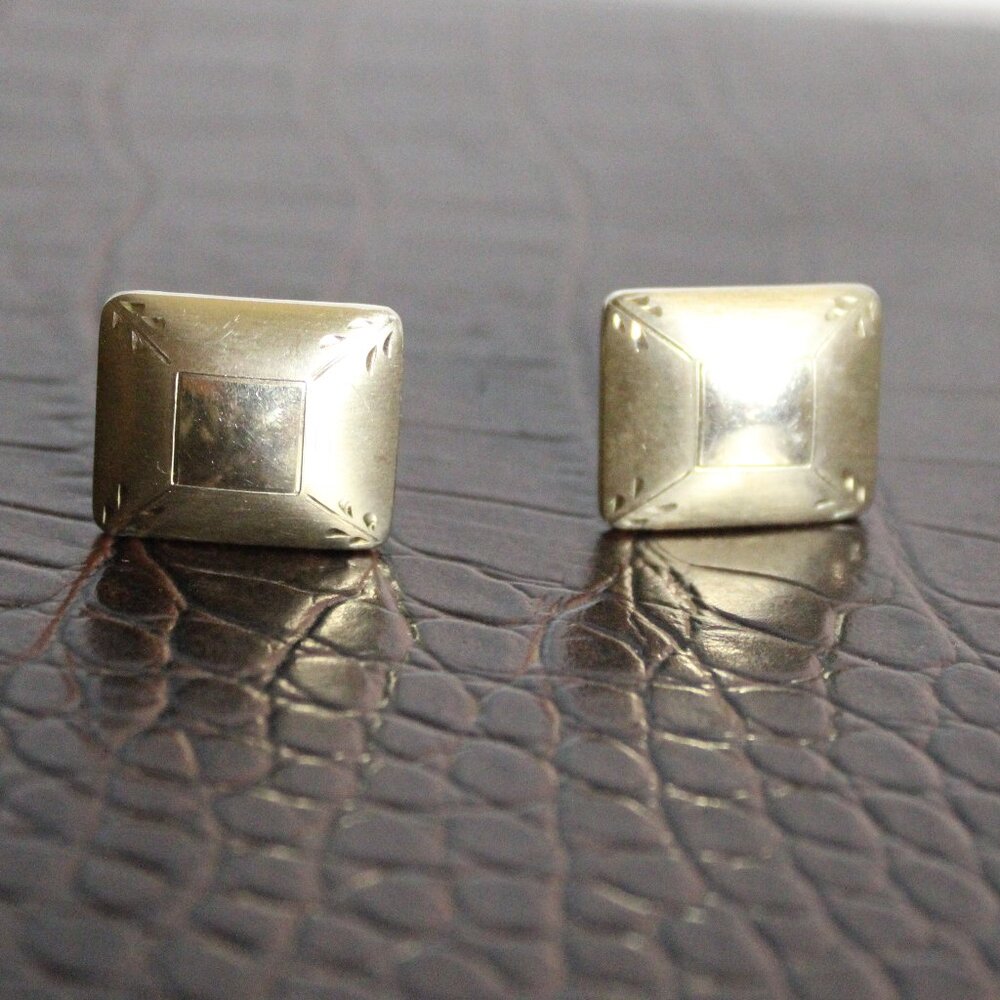Vintage Gold Tone Rectangular Cuff Links Etched Metal Design
